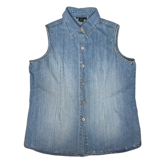 ASHLEY STEWART Vintage Cotton Grommet Trim Collard Sleeveless Button Up Blouse - Picture 1 of 11